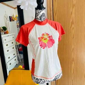 REI Girl’s Short Sleeve Tropical Print Rashguard Size XL cream/ orange
